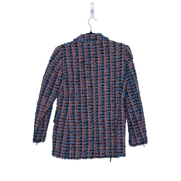 ZARA Tweed Textured Fitted Blazer Multicolor Frayed Trim Gold Button Women's XS - Picture 3 of 14